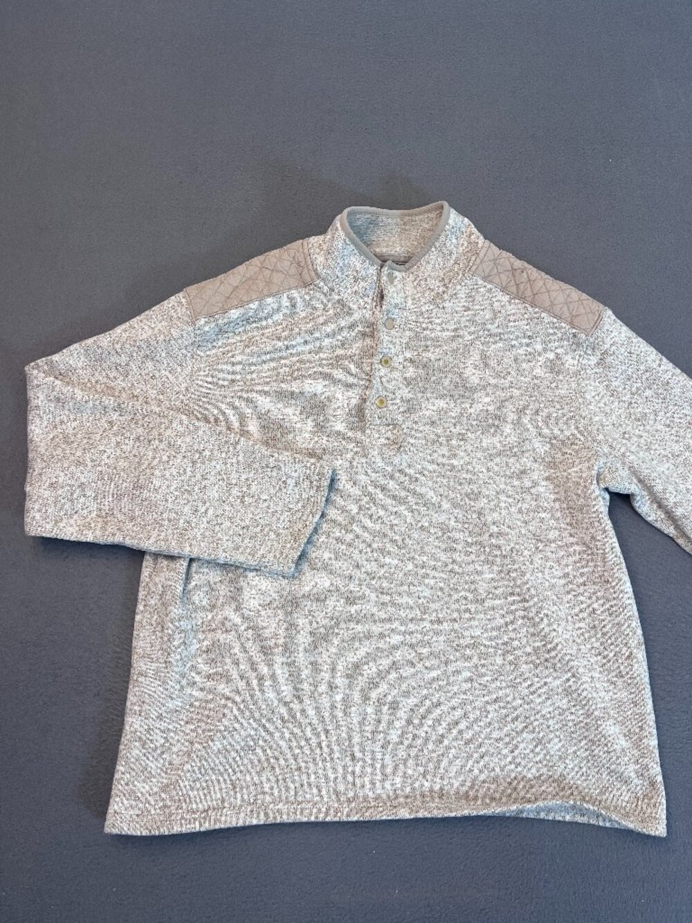 Goodfellow & Co Men Lg Grey Henley Knit Sweater Quilted Shoulder Two Tone Marl